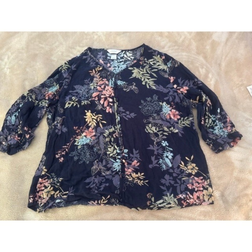 CJ Banks Womens Navy Blue Floral Button Front V-Neck Blouse Top Size X